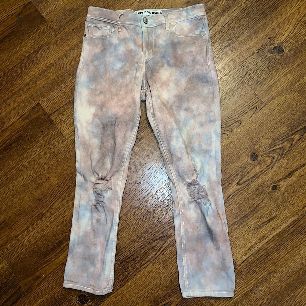 LAST CALL Express Gray Marble Tie Dye Boho Distress Crop Legging Mid Rise Size 8 - Picture 4 of 13
